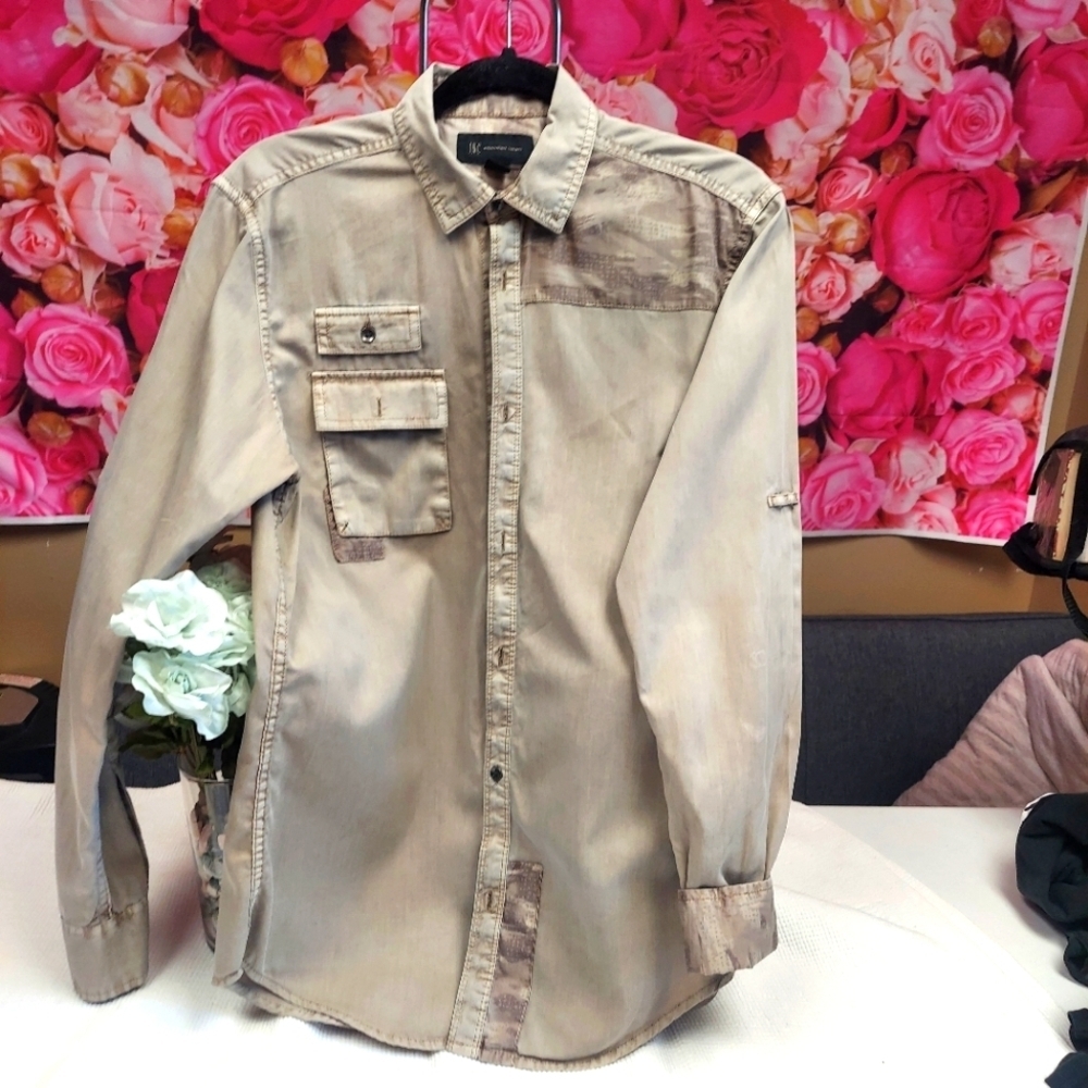 INC Khaki With Camo Detail Long Sleeve Dress Shirt Size Small